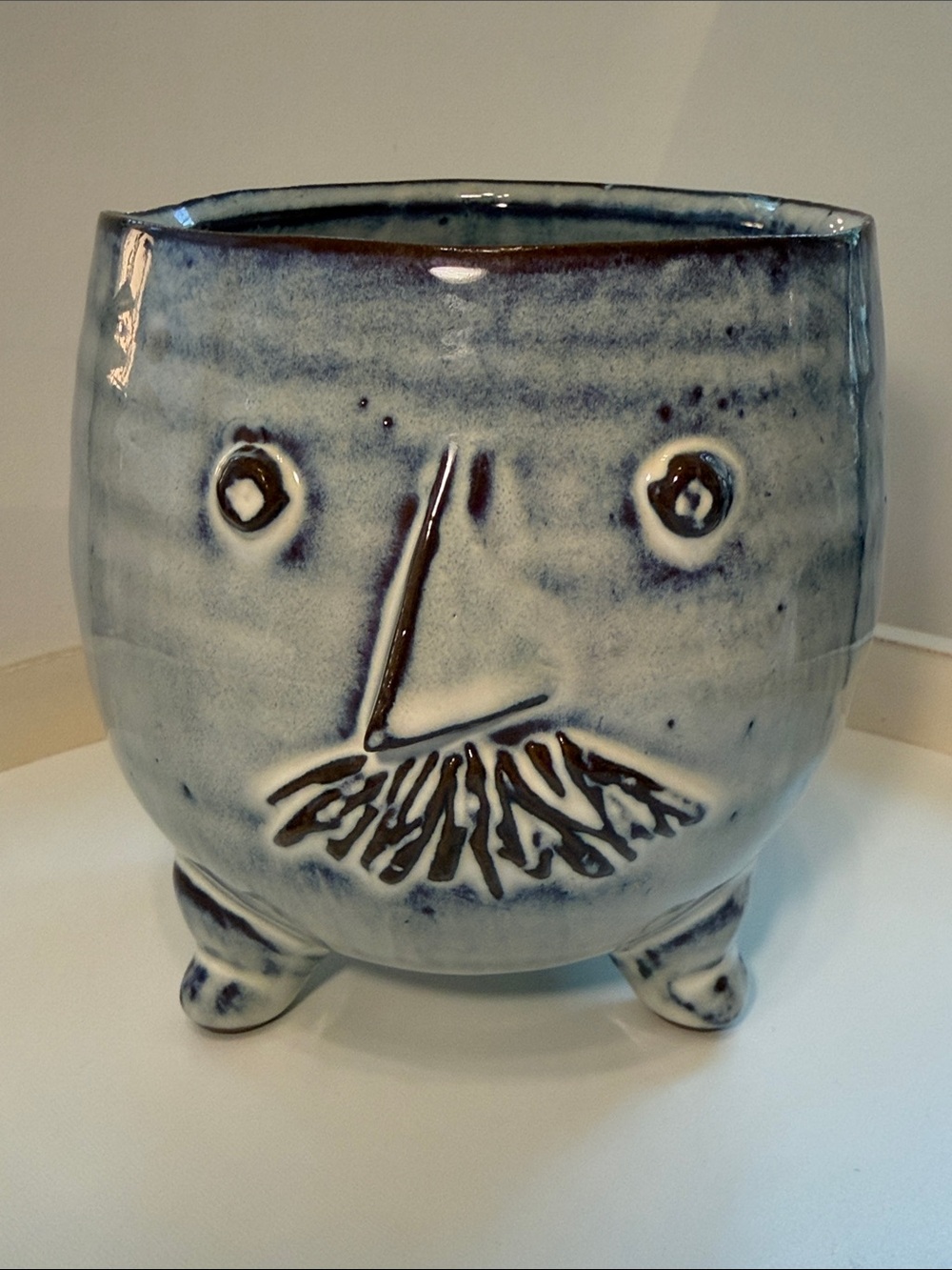 🪴 Handmade MCM-Style “Mr. Clay Pot” Planter in Blue-White Glaze, NWOT, CLEAN!